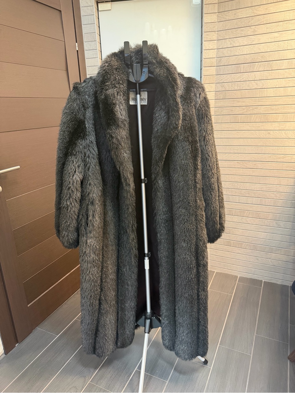 Luxurious Long Faux Fur Pea Coat in blank and Gray